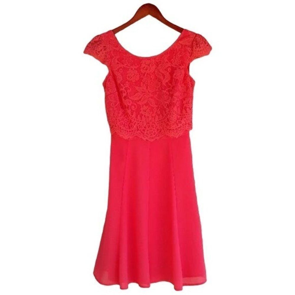 Review Dress‎ Vintage Inspired Lace Cap Sleeve Sheer Skater Skirt Coral Sz 6